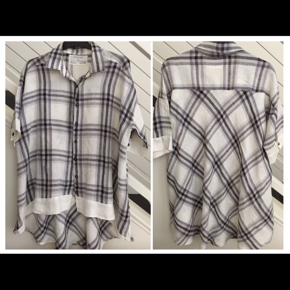GRIZAS Plaid high-low linen shirt.